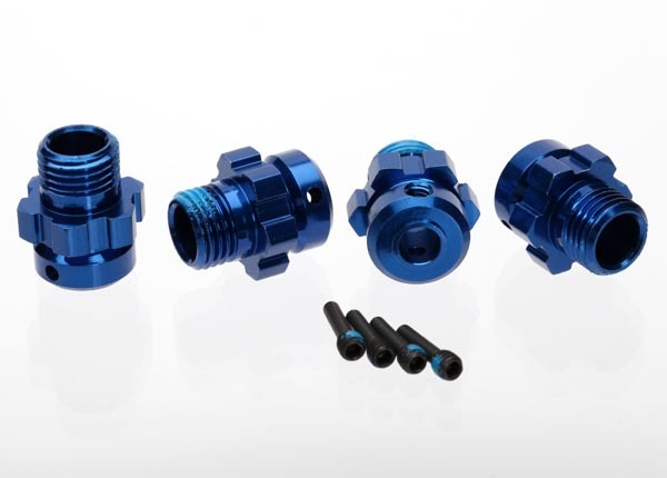 Wheel hub, splined, 17mm, 6061-T6 aluminum (blue-anodized) (4)/ screw pin, 4x13mm (with threadlock) - TRA6469