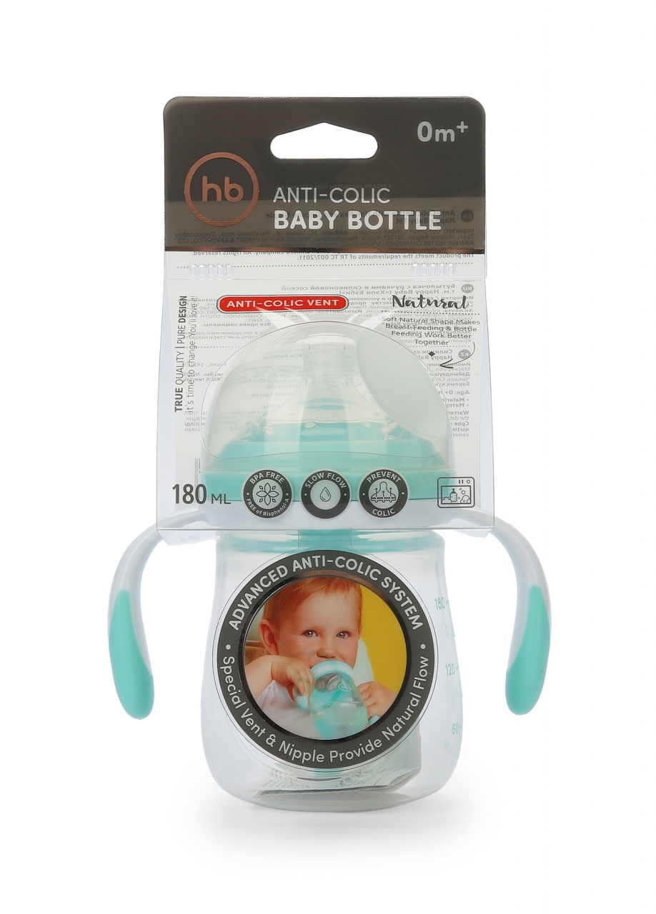 Бутылочка HAPPY BABY антиколиковая с ручками и силиконовой соской aqua, 180 мл - 10019A