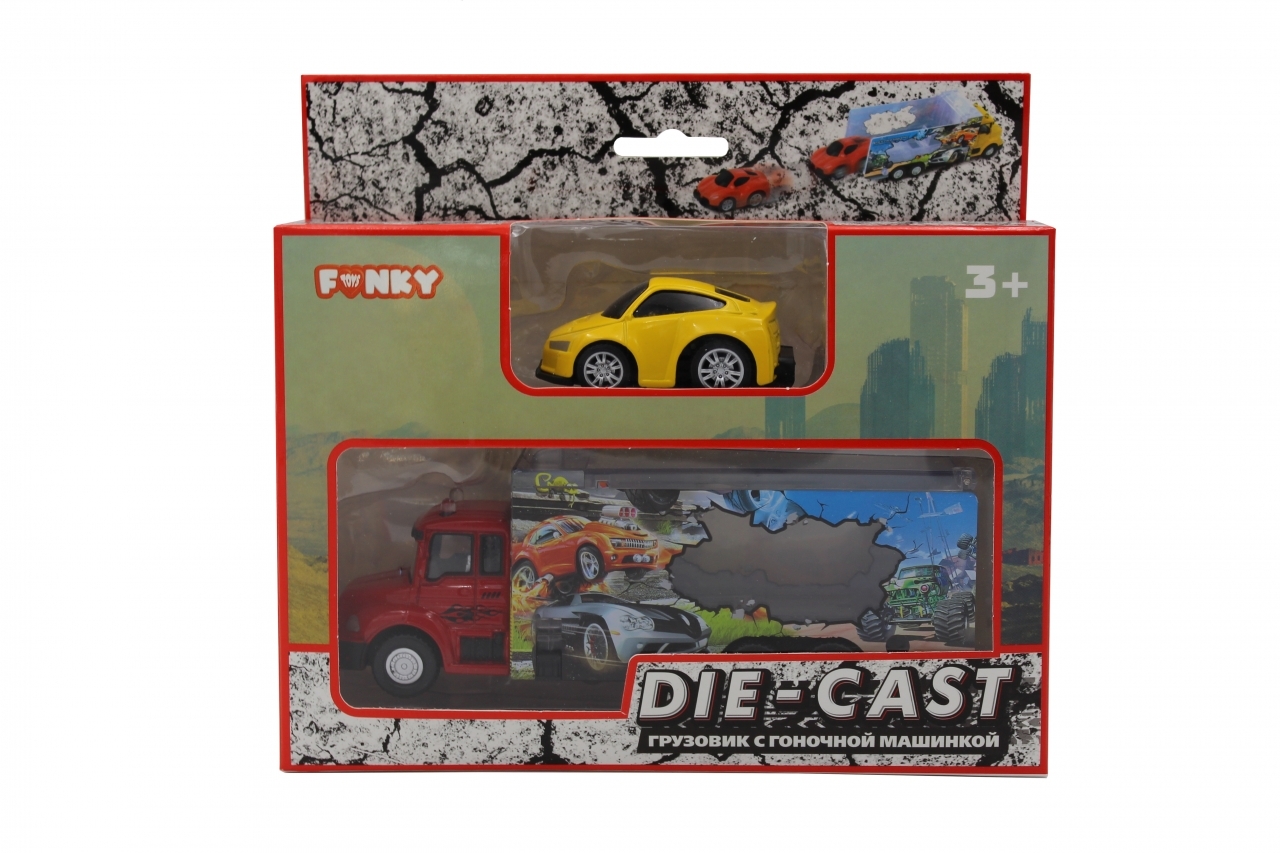 Набор Funky toys грузовик + машинка die-cast желтая, спусковой механизм 1:60 - FT61053