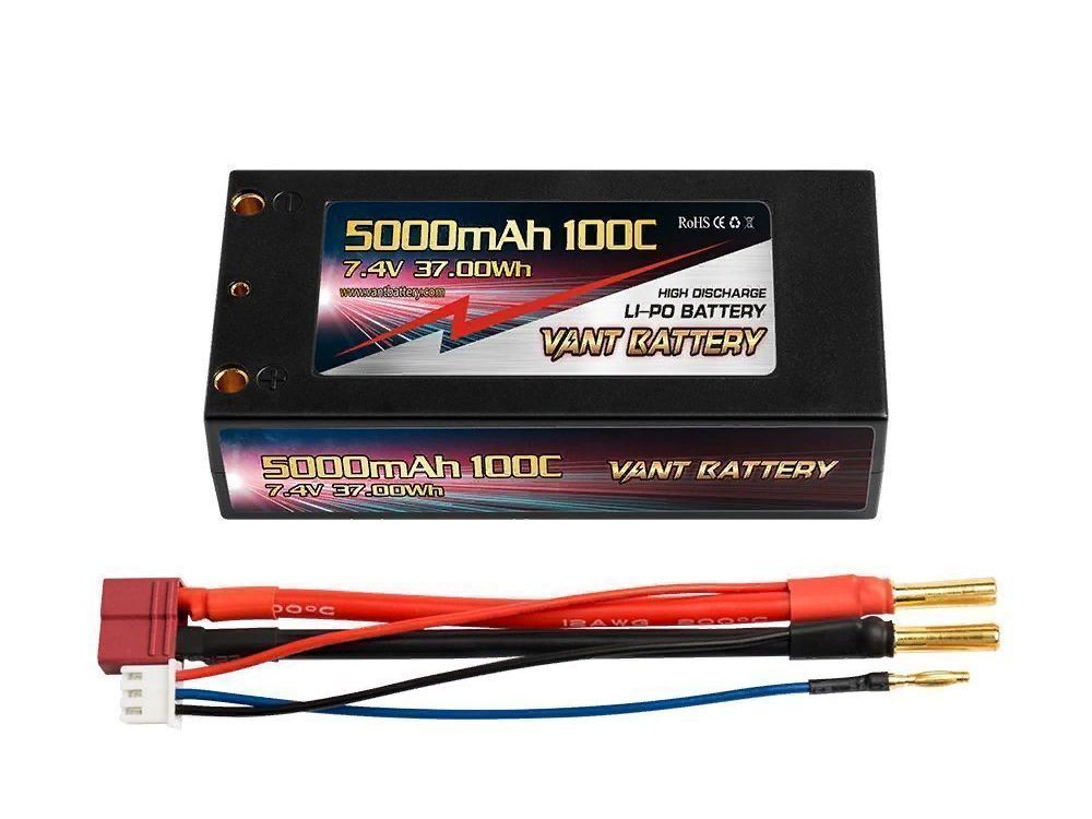 Аккумулятор LiPo Vant - 7.4В 5000мАч 100C короткий (2S, Hardcase, разъёмы Бананы - T-Plug + балансир) - VTB100C50-2S