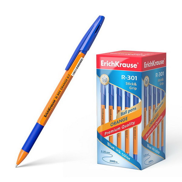 Ручка шариковая ErichKrause R-301 Orange Stick&amp;amp;amp;Grip 0.7, цвет чернил синий - 39531ЕК