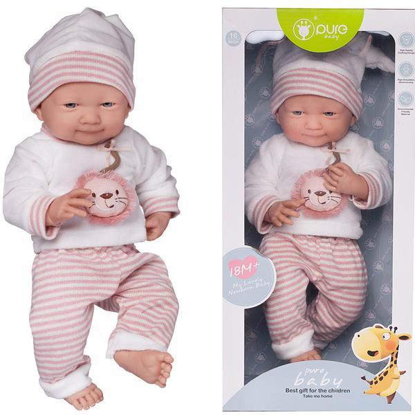 Пупс Junfa Pure Baby в белой со львенком кофточке, бело-розовых в полоску штанишках и шапочке, 35см - WJ-22521