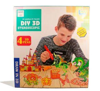 Набор 3D ручки LeiMengToys Stereoscopic зеленая, желтая, синяя, оранжевая ручки, трафарет сказочных персонажей - LM555-4F