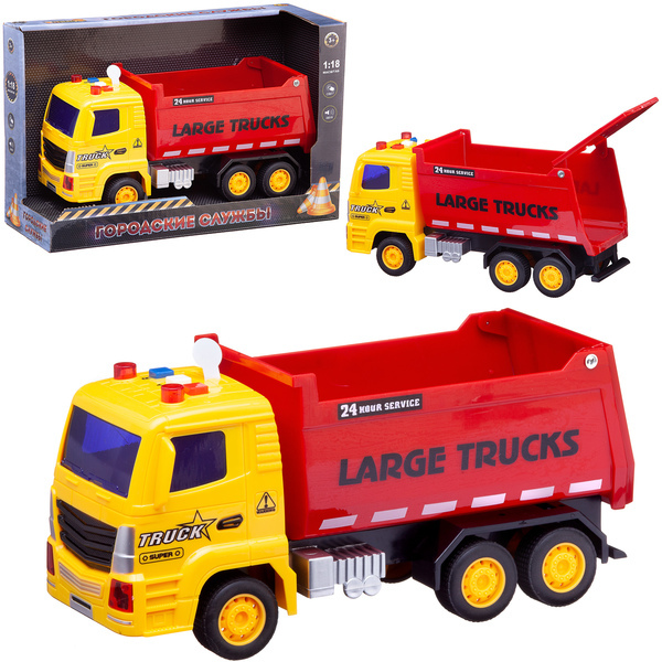 Машинка Abtoys Самосвал, желтый|красный, свет, звук, масштаб 1:18 - C-00491