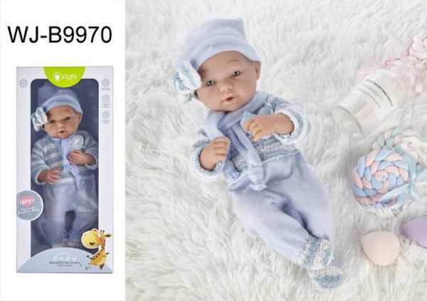 Пупс JUNFA Pure Baby 35см в голубом комбинезоне, шапочке с шарфом, в коробке, с аксессуарами - WJ-B9970