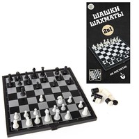 Настольная игра Junfa Toys Шахматы и шашки магнитные, дорожный набор 2 игры в 1 - S-00184`